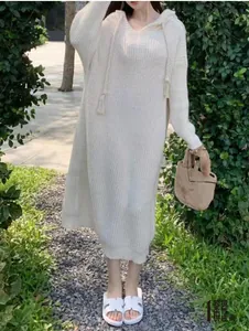 Detailed knit texture and drawstring hood on off-white long sweater dress for women