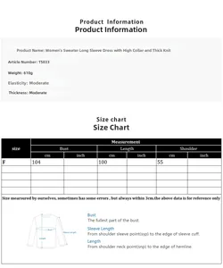 Detailed size chart for women long sleeve hooded knit dress with measurements in cm and inch