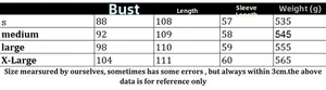 Size chart for women's V-neck long sleeve knitted dress with chest and length measurements