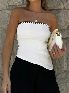 White knit tube top with black stitching and asymmetric hem for a casual summer style