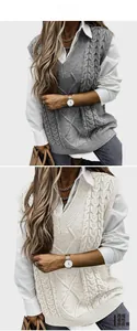 Detail of V-neck cable knit sweater vests in grey and beige with thick braided texture