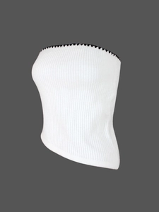 White ribbed knit tube top for women with black scalloped trim in a slim fit style