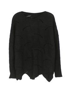 Detail of black long-sleeved knit sweater featuring wavy hollow patterns and scalloped hem
