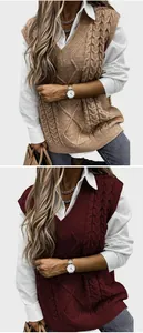 Detailed cable knit pattern on V-neck sleeveless sweater vest for women in two colors