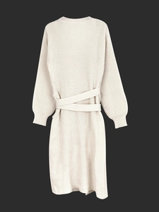 Minimalist cream knit long-sleeved dress featuring cross waist tie and textured ribbing