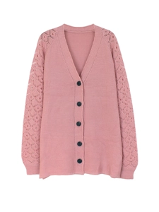 Women's dusty rose knit cardigan with v-neck, blue buttons and hollow out sleeves