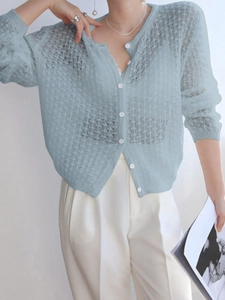 Detail der hellblauen, transparenten Strickjacke mit V-Ausschnitt und weißen Knöpfen