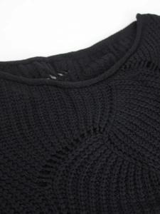 Detail of black knit sweater featuring round neckline and intricate cutout patterns