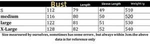 Detailed size chart for long sleeve cardigan showing bust, length, and weight metrics