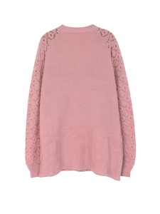 Pink knit sweater cardigan with hollow out crochet sleeves and classic round neck design