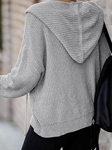 Women's casual grey hooded knit cardigan sweater with oversized hood and drop shoulder