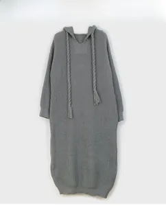 Flat lay of gray hooded knit dress featuring vertical ribbing and tassel drawstrings