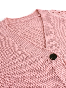 Pink knit cardigan for women with V-neck, hollow-out details and single button closure