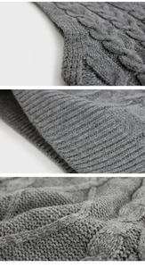 Macro shot of grey cable knit pattern and ribbed edges on V-neck sweater vest