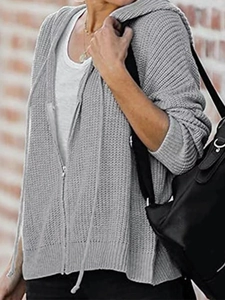 Women's casual grey knit zip-up hoodie cardigan featuring a cozy drawstring hood design