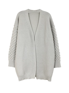 Light gray mid-length knit cardigan with textured bubble sleeves and ribbed cuffs