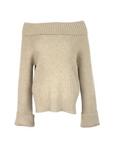 Off-shoulder long sleeve oatmeal knit sweater with V-pattern texture and ribbed trim