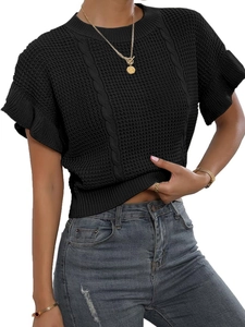 Close-up of black cable knit short sleeve top with stylish ruffle cuffs and round neck
