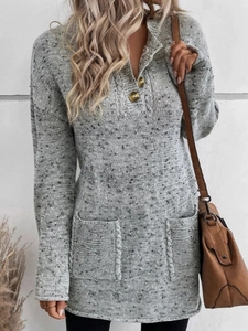 Women's long sleeve grey knit sweater dress with large buttons and front pockets
