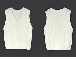 Detailed view of white V-neck cable knit vest showing front and back texture design