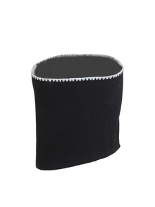 Detail of black knit arm sleeves with white contrast stitching on a clean white background