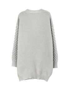 Women's casual light gray long sleeve knit sweater with puff texture on sleeves