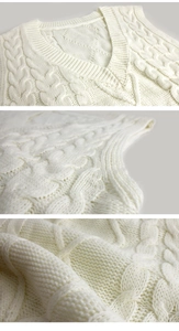 Detailed close-up of cream cable knit texture and V-neckline on a sleeveless sweater vest