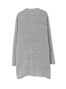 Women's grey long sleeve knit sweater dress with crew neck and side pockets in midi length