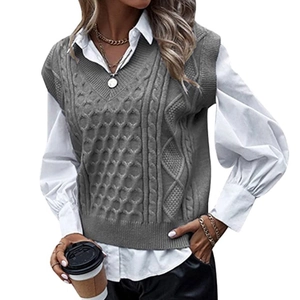 Oversized V-neck cable knit sweater vest for women in grey paired with a white shirt