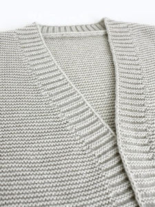 Women's light grey long-sleeve knit cardigan with V-neck and ribbed texture details