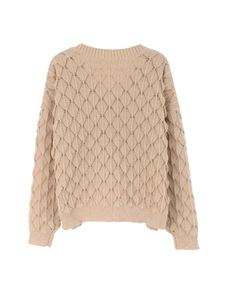 Beige hollow diamond leaf pattern knitted sweater with crew neck and long drop sleeves