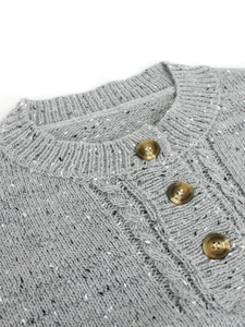 Gray chunky knit sweater dress featuring round neck and tortoiseshell buttons details