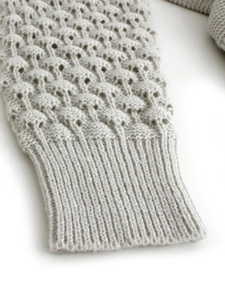 Light grey long sleeve knit cardigan with hollow honeycomb pattern and ribbed cuffs
