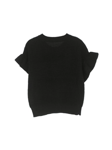 Detail of black short-sleeved knit top showing textured round neck and ribbed hemline