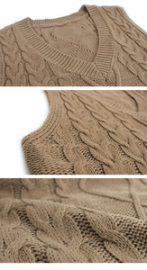 Detailed view of cable knit pattern and V-neckline on the camel knit sweater vest