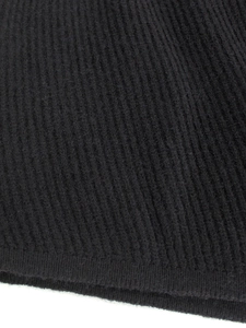 Close-up of the black ribbed knit fabric showing detailed vertical texture and high quality