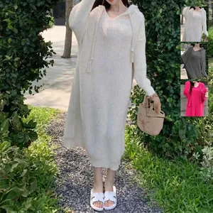 Women Casual Hooded Knitted Long Sleeve Sweater Dress Loose Solid Color Thick Needle Knit Midi Dress For Autumn Winter