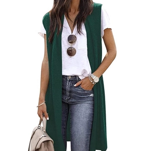 Gilet long sans manches pour femmes vert forêt, cardigan en maille à devant ouvert