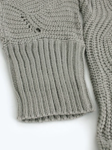 Detailed macro view of the grey ribbed cuffs and hollow knit texture on the sweater