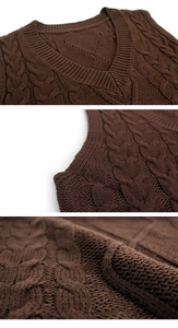 Close-up detail of dark brown V-neck cable knit vest showing ribbed collar and premium fabric