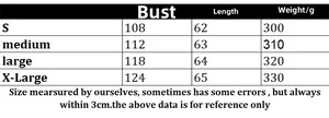 Detailed size chart for long sleeve pullover sweater showing bust, length and weight specs