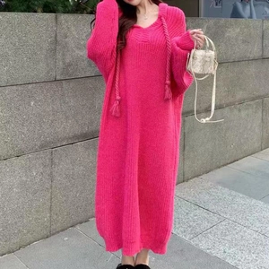 Women's rose pink oversized knitted hoodie dress with long sleeves for winter