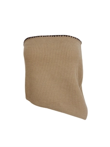 Detail of khaki ribbed knit tube top featuring dark brown scalloped edges and soft texture