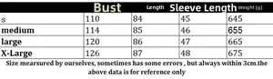 Size chart showing bust, length, sleeve, and weight for women's knit cardigan jacket