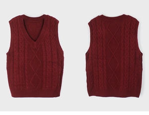 Detailed flat lay of a burgundy V-neck cable-knit vest showing both front and back views