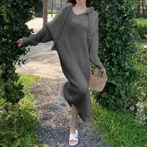 Oversized dark grey hooded knit maxi dress with long sleeves and side slits