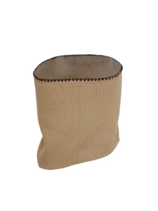 Detailed view of khaki knitted vest with dark brown wavy trim on the top edge