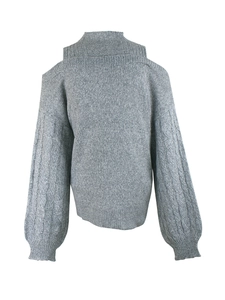 Grey cold shoulder long sleeve cable knit sweater with a semi-high neckline for women