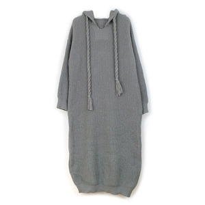 Women's grey cable knit long sleeve hooded sweater dress with tassel drawstrings