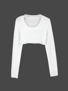 Women's white long sleeve cropped knit sweater with vertical ribbed texture and round neck